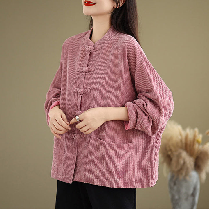 Veste en velours côtelé de coton et lin pour femme, col montant et boutons grenouille, Buddha Stones - image 14