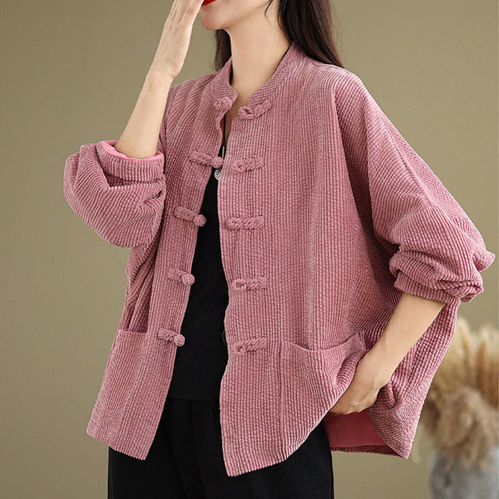Veste en velours côtelé pour femme à col montant et boutons grenouille Buddha Stones - image 14
