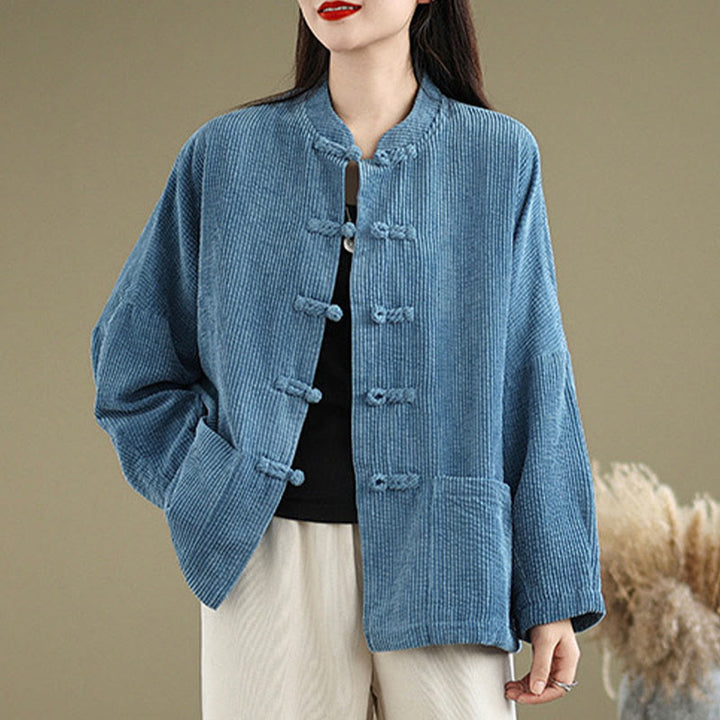 Veste en velours côtelé de coton et lin pour femme, col montant et boutons grenouille, Buddha Stones - Bleu acier - US14，UK/AU18，EU46 (2XL) - image 16