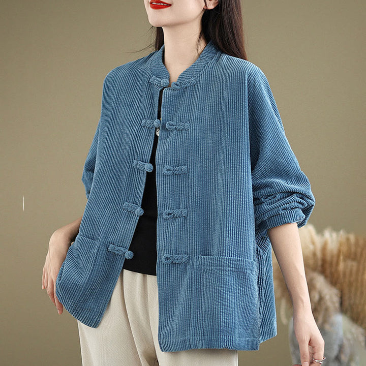 Veste en velours côtelé de coton et lin pour femme, col montant et boutons grenouille, Buddha Stones - image 18