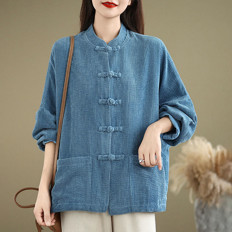 Veste en velours côtelé de coton et lin pour femme, col montant et boutons grenouille, Buddha Stones - image 19