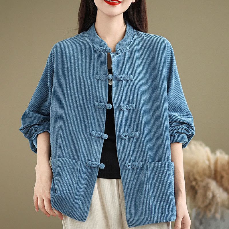 Veste en velours côtelé pour femme à col montant et boutons grenouille Buddha Stones - image 19