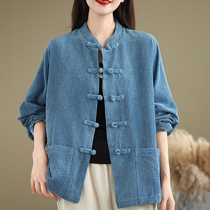 Veste en velours côtelé pour femme à col montant et boutons grenouille Buddha Stones - image 19