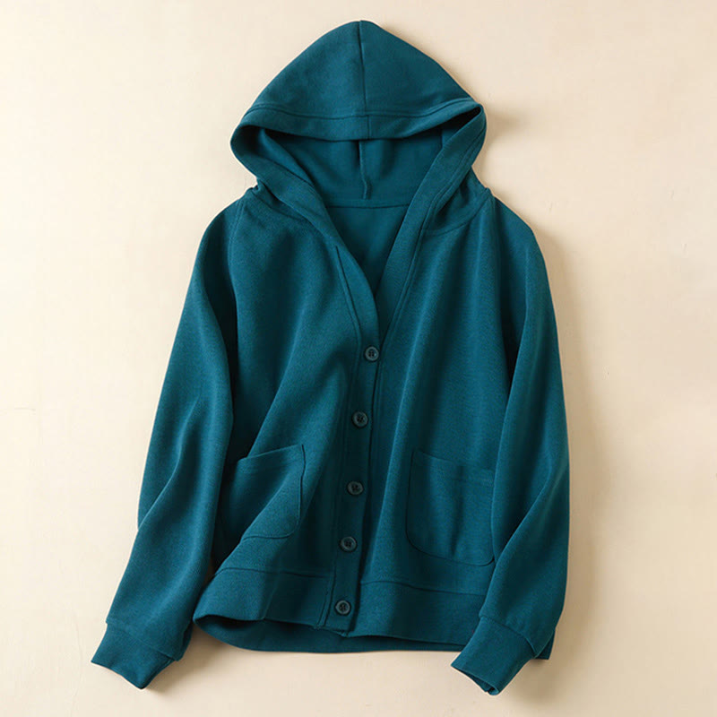 Veste à capuche en coton avec poches et boutons unis Buddha Stones pour femme - Bleu acier - US12，UK/AU16，EU44 (2XL) - image 16