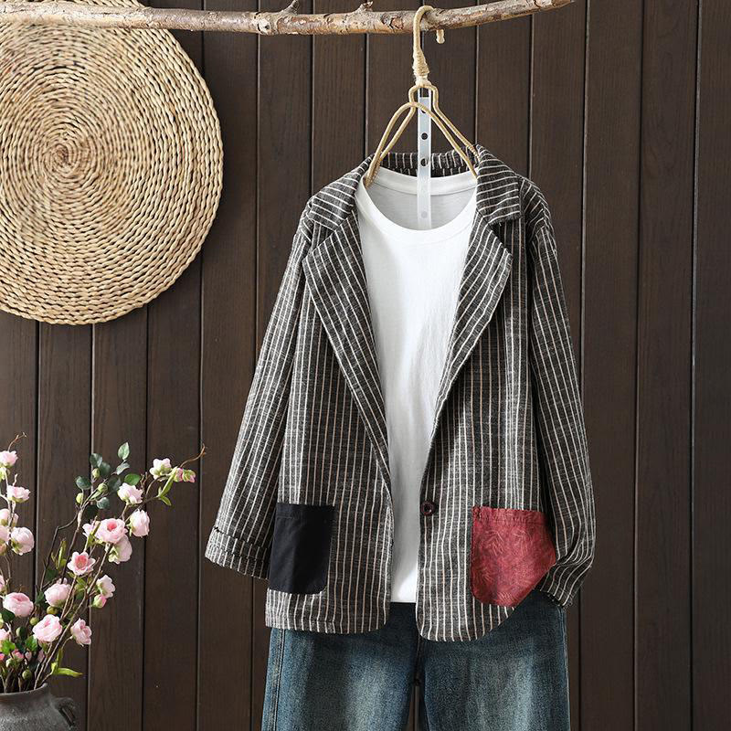 Veste en coton et lin pour femme avec poches et rayures Buddha Stones - DimGray - US14，UK/AU18，EU46 (2XL) - image 1