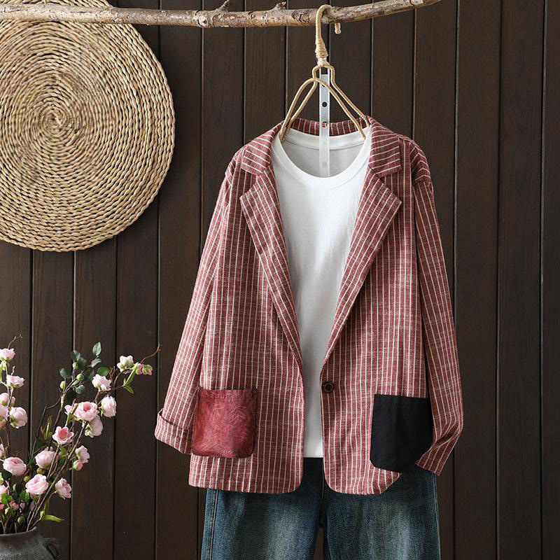 Veste en coton et lin pour femme avec poches et rayures Buddha Stones - Rouge indien - US14，UK/AU18，EU46 (2XL) - image 7