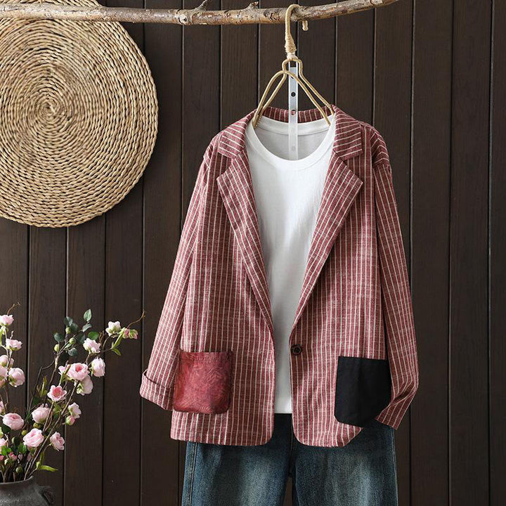 Veste en coton et lin pour femme avec poches et rayures Buddha Stones - Rouge indien - US14，UK/AU18，EU46 (2XL) - image 7