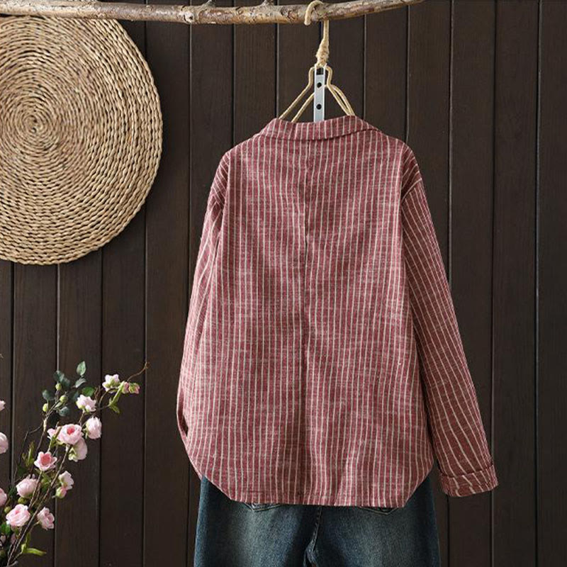 Veste en coton et lin pour femme avec poches et rayures Buddha Stones - image 8