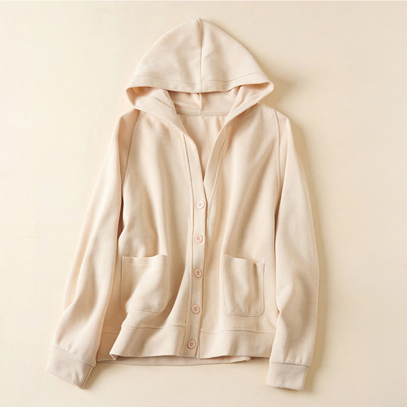 Veste à capuche en coton avec poches et boutons unis Buddha Stones pour femme - PapayaWhip - US12，UK/AU16，EU44 (2XL) - image 8