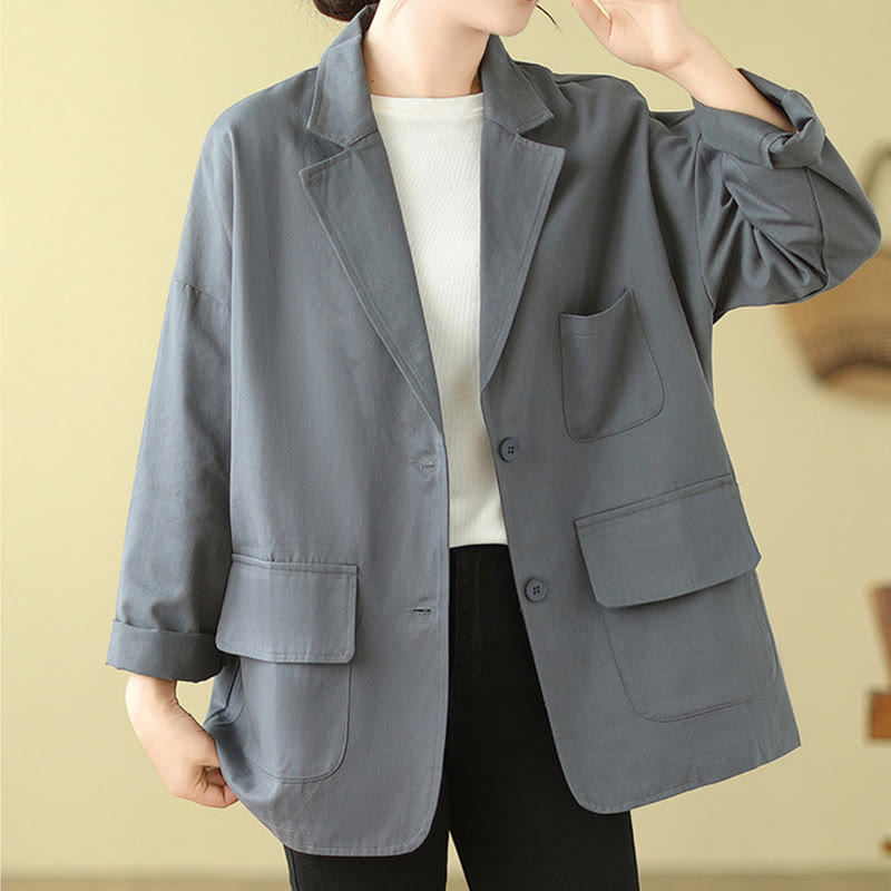 Veste de costume en coton uni avec poches Buddha Stones pour femme - Bleu acier clair - US14，UK/AU18，EU46 (2XL) - image 8