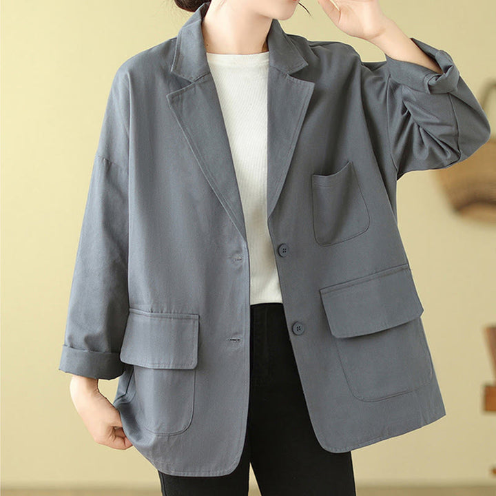 Veste de costume en coton uni avec poches Buddha Stones pour femme - Bleu acier clair - US14，UK/AU18，EU46 (2XL) - image 8