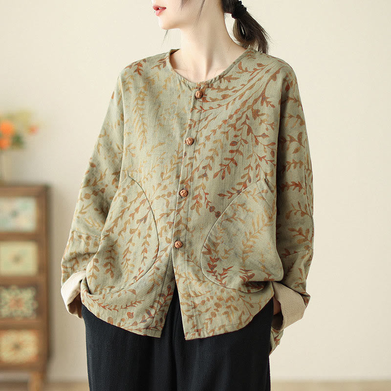 Veste en coton et lin pour femme avec poches, imprimé Buddha Stones - Kaki foncé - US14，UK/AU18，EU46 (2XL) - image 1