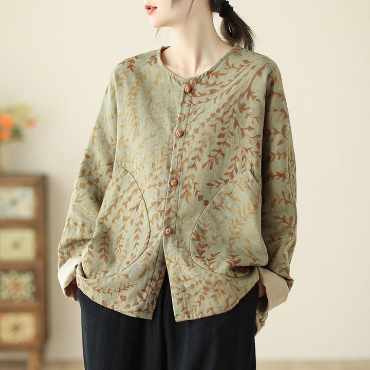 Veste en coton et lin pour femme avec poches, imprimé Buddha Stones - Kaki foncé - US14，UK/AU18，EU46 (2XL) - image 1