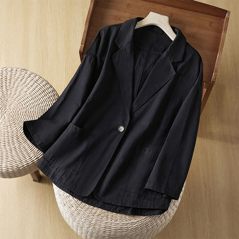 Veste de costume en coton à boutons unis et poches pour femme Buddha Stones - Noir - US12，UK/AU16，EU44 (XL) - image 9