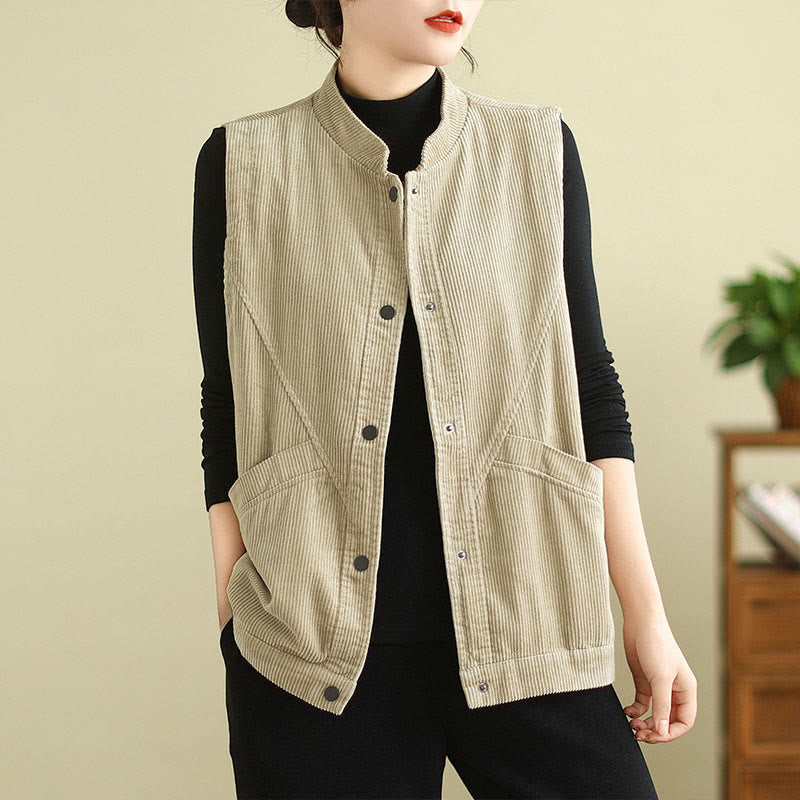 Gilet sans manches en coton côtelé avec poches pour femme Motif Buddha Stones - Beige - US12，UK/AU16，EU44 (2XL) - image 0