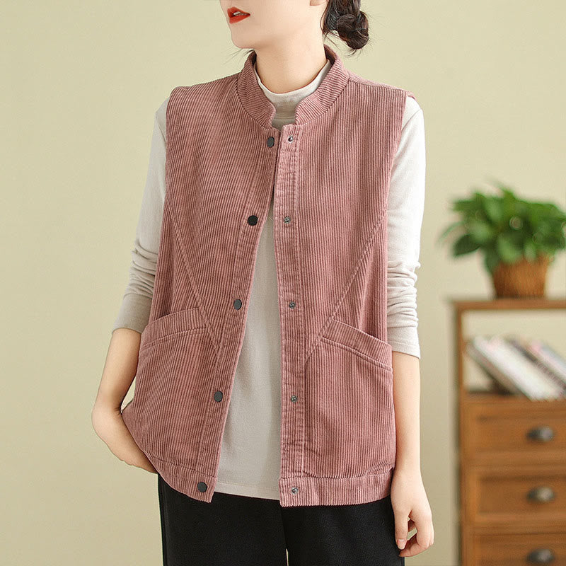 Gilet sans manches en coton côtelé avec poches pour femme Motif Buddha Stones - Rouge violet pâle - US12，UK/AU16，EU44 (2XL) - image 8