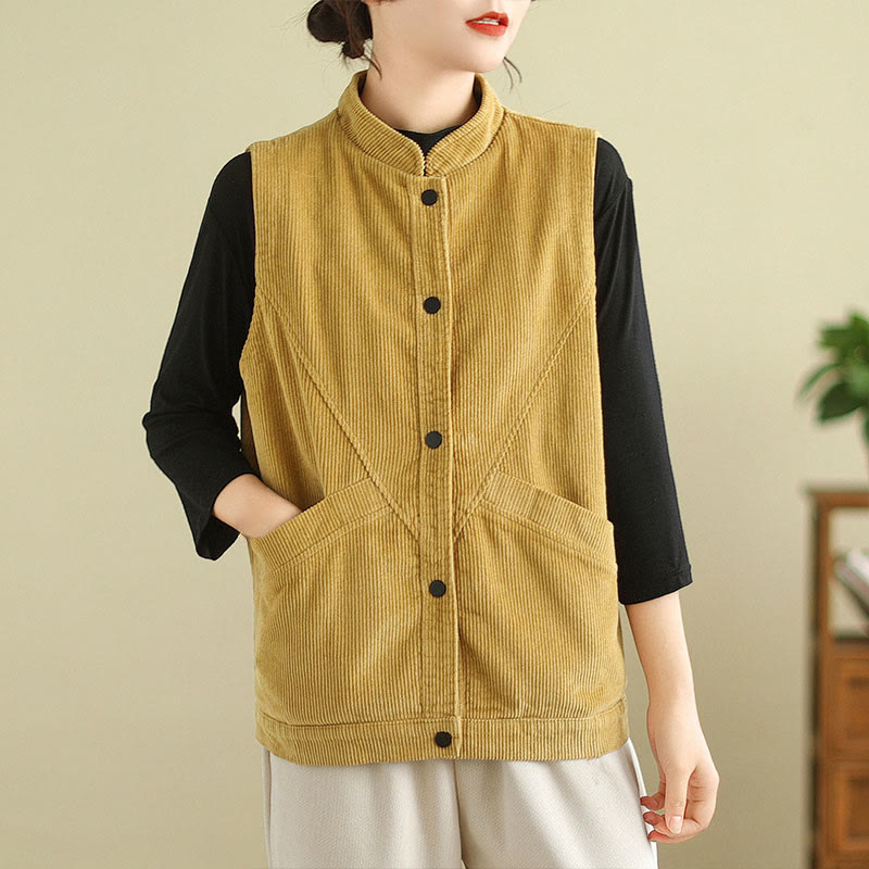 Gilet sans manches en coton côtelé avec poches pour femme Motif Buddha Stones - Verge d'or - US12，UK/AU16，EU44 (2XL) - image 15