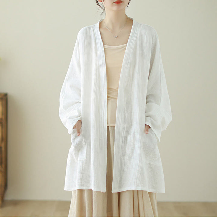 Veste en coton et lin à manches longues et poches, motif Buddha Stones, style méditation zen - Blanc - US12，UK/AU16，EU44 (XL) - image 8