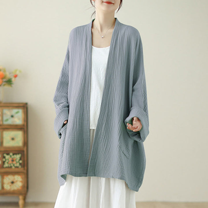 Veste en coton et lin à manches longues et poches, motif Buddha Stones, style méditation zen - Bleu acier clair - US12，UK/AU16，EU44 (XL) - image 15