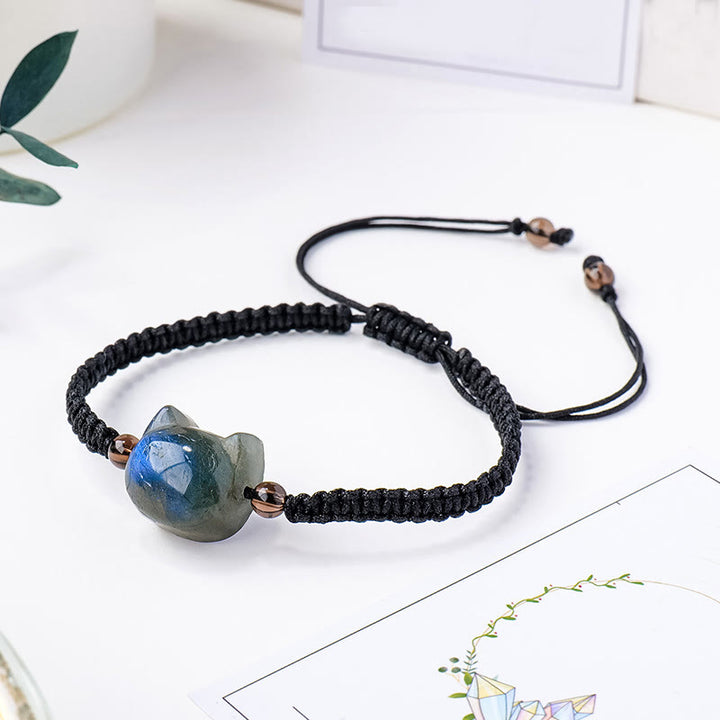 Bracelet de guérison en corde noire avec tête de chat mignon et labradorite naturelle de Buddha Stones - Labradorite (circonférence du poignet : 15-21 cm) - image 1