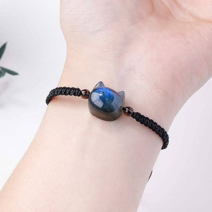 Bracelet de guérison en corde noire avec tête de chat mignon et labradorite naturelle de Buddha Stones - image 4