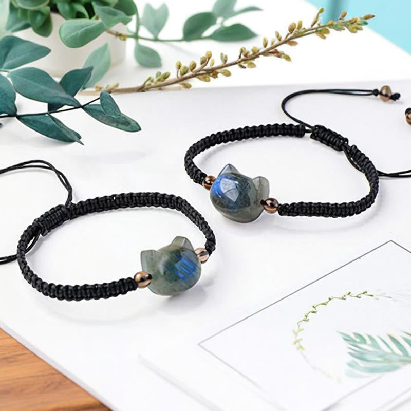 Bracelet de guérison en corde noire avec tête de chat mignon et labradorite naturelle de Buddha Stones - image 2