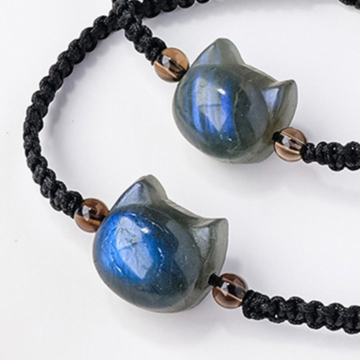 Bracelet de guérison en corde noire avec tête de chat mignon et labradorite naturelle de Buddha Stones - image 5