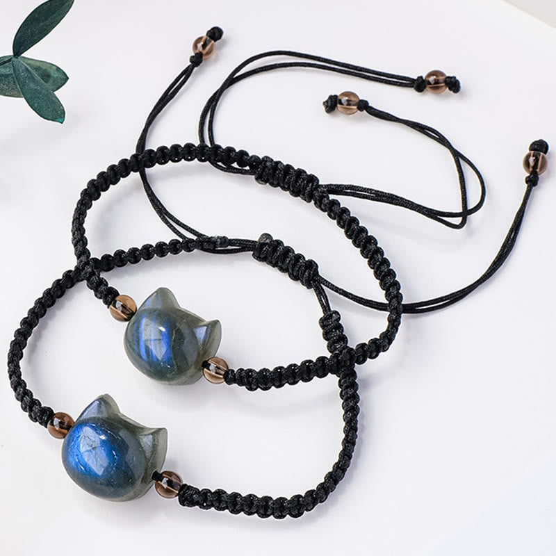 Bracelet de guérison en corde noire avec tête de chat mignon et labradorite naturelle de Buddha Stones - image 3