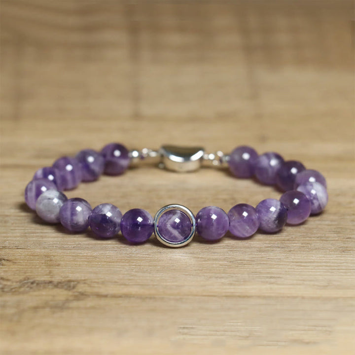 Bracelet en perles d'améthyste naturelle Buddha Stones , équilibre, soulagement du stress - Boucle améthyste et argentée (tour de poignet : 14-16 cm) - image 7