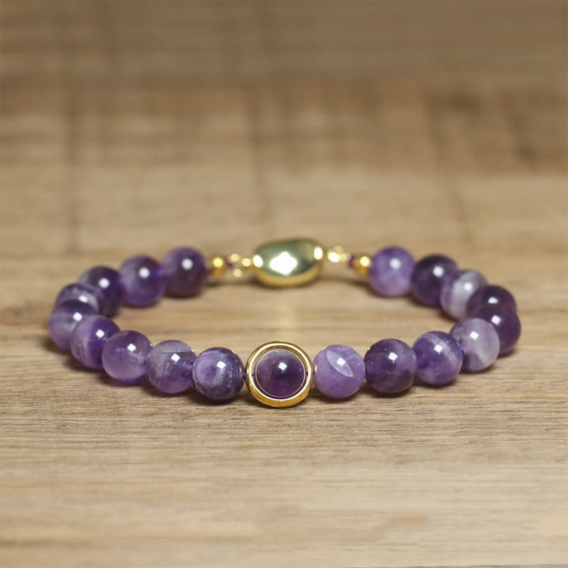 Bracelet en perles d'améthyste naturelle Buddha Stones , équilibre, soulagement du stress - Boucle en améthyste et or (tour de poignet : 14-16 cm) - image 1