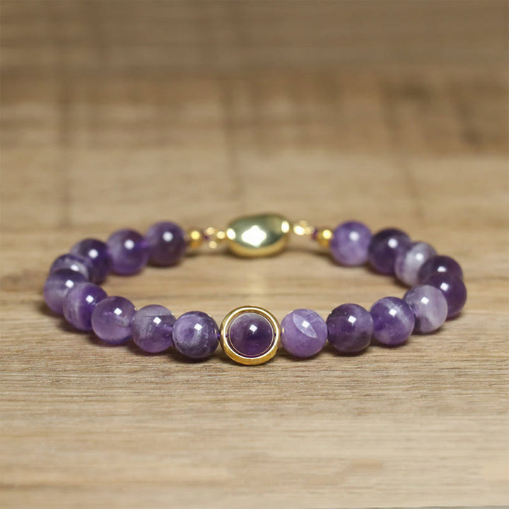 Bracelet en perles d'améthyste naturelle Buddha Stones , équilibre, soulagement du stress - Boucle en améthyste et or (tour de poignet : 14-16 cm) - image 1