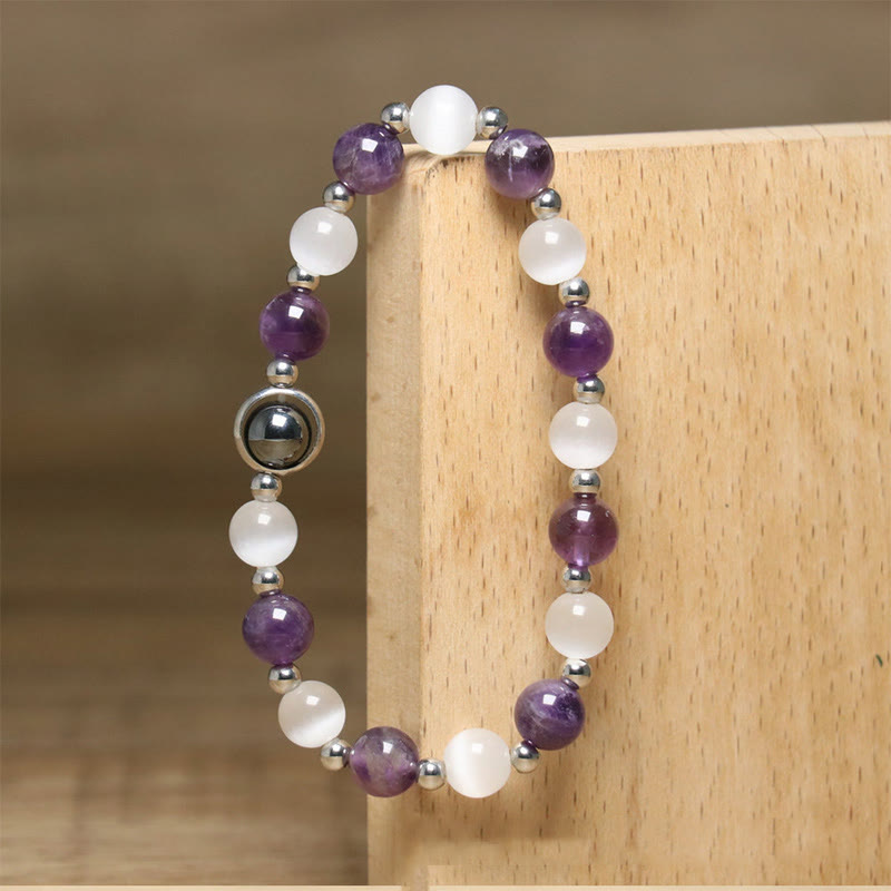 Bracelet d'équilibre en perles d'améthyste naturelle et œil de chat blanc de Buddha Stones - image 5