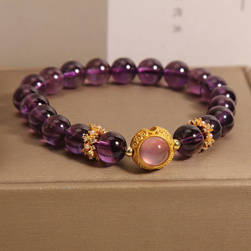 Bracelet de guérison en perles de quartz fraise et améthyste naturelle de Buddha Stones - Améthyste et quartz fraise (tour de poignet : 15-17 cm) - image 1