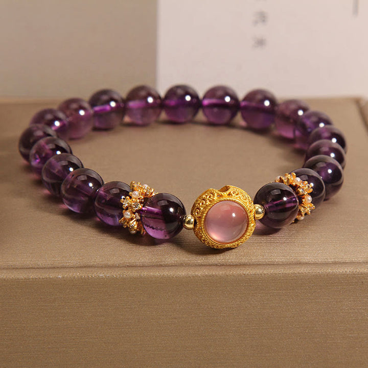 Bracelet de guérison en perles de quartz fraise et améthyste naturelle de Buddha Stones - Améthyste et quartz fraise (tour de poignet : 15-17 cm) - image 1