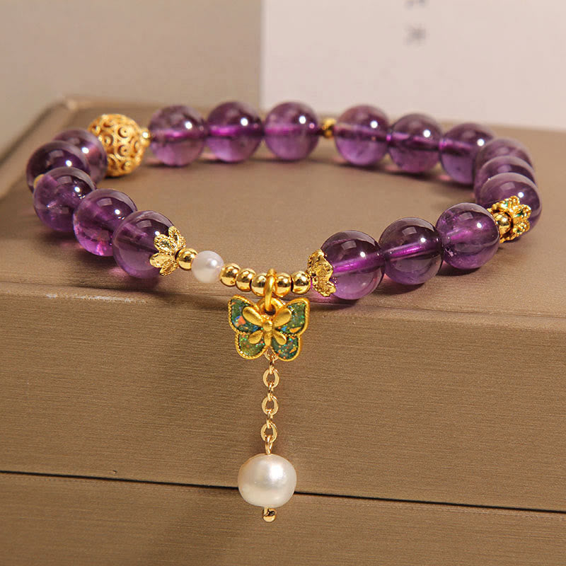 Bracelet de guérison en Buddha Stones, améthyste naturelle, ambre et papillon vert - image 7