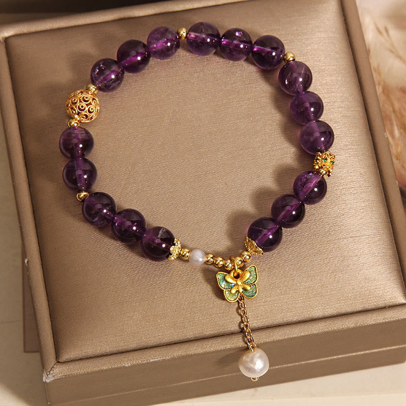 Bracelet de guérison en Buddha Stones, améthyste naturelle, ambre et papillon vert - image 3