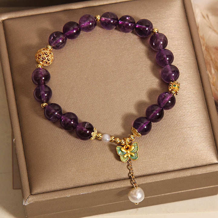 Bracelet de guérison en Buddha Stones, améthyste naturelle, ambre et papillon vert - image 3