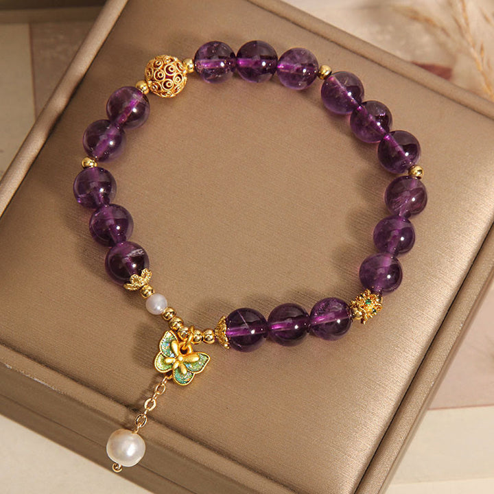 Bracelet de guérison en Buddha Stones, améthyste naturelle, ambre et papillon vert - image 4