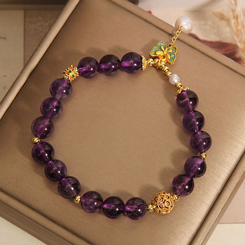 Bracelet de guérison en Buddha Stones, améthyste naturelle, ambre et papillon vert - image 5
