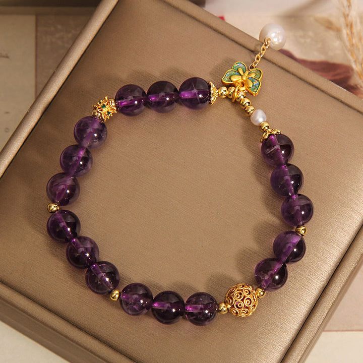 Bracelet de guérison en Buddha Stones, améthyste naturelle, ambre et papillon vert - image 5