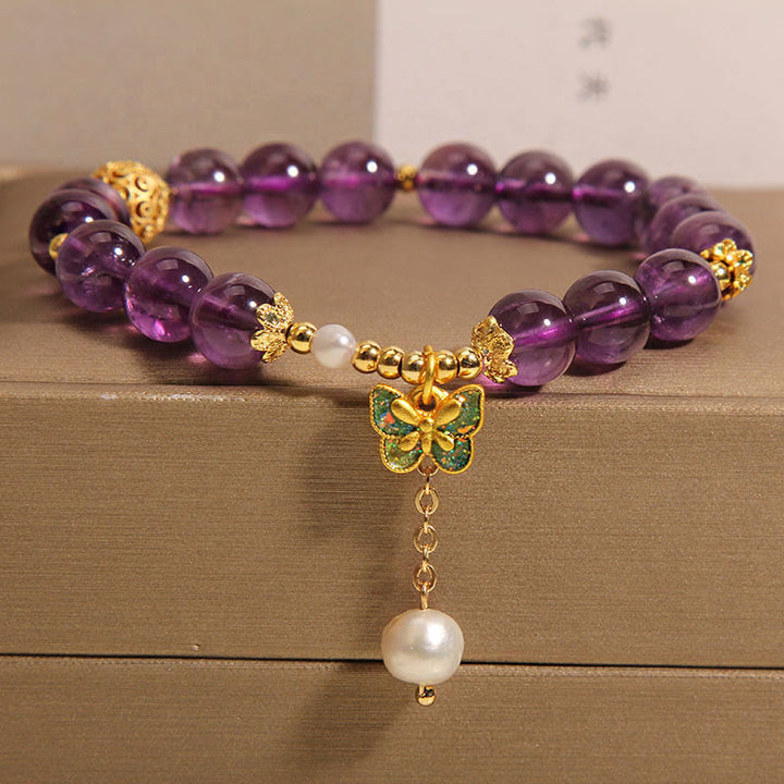 Bracelet de guérison en Buddha Stones, améthyste naturelle, ambre et papillon vert - Papillon vert améthyste et ambre (circonférence du poignet : 15-17 cm) - image 1
