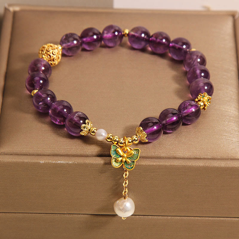 Bracelet de guérison en Buddha Stones, améthyste naturelle, ambre et papillon vert - image 2