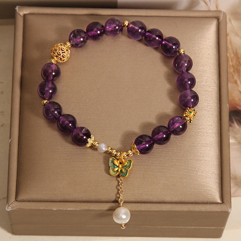 Bracelet de guérison en Buddha Stones, améthyste naturelle, ambre et papillon vert - image 8