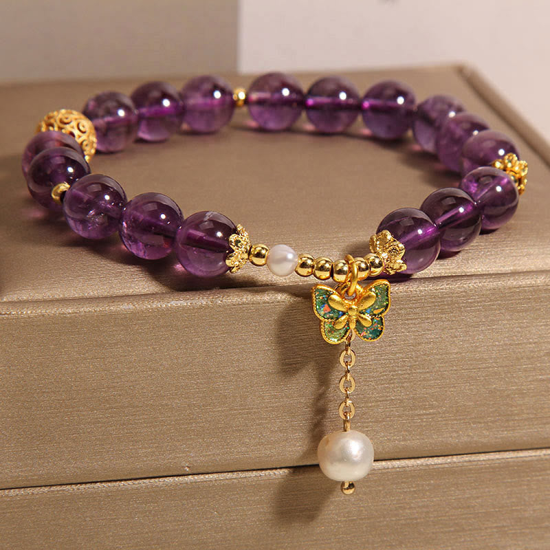 Bracelet de guérison en Buddha Stones, améthyste naturelle, ambre et papillon vert - image 9