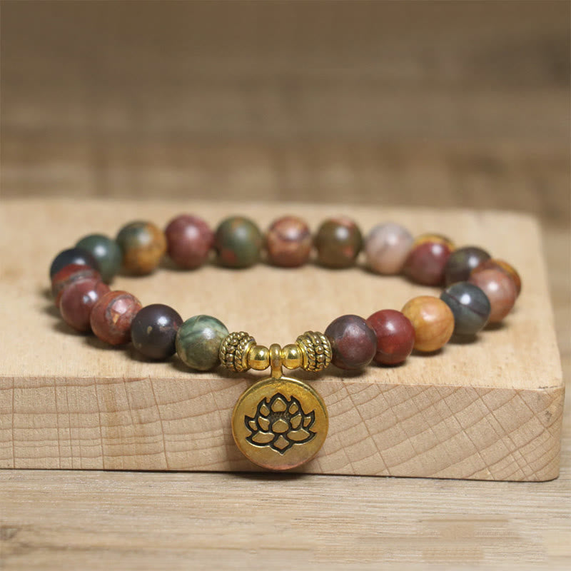 Bracelet anti-stress en pierre naturelle colorée de Bouddha, motif lotus - Pierre de l'Empereur (tour de poignet : 15-17 cm) - image 1