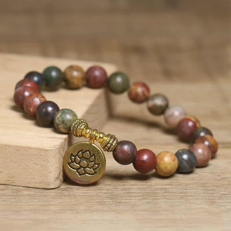 Bracelet anti-stress en Buddha Stones naturelles colorées, motif lotus empereur - image 2