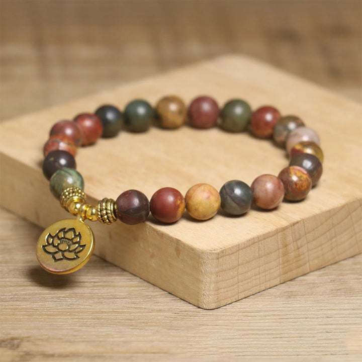 Bracelet anti-stress en Buddha Stones naturelles colorées, motif lotus empereur - image 1
