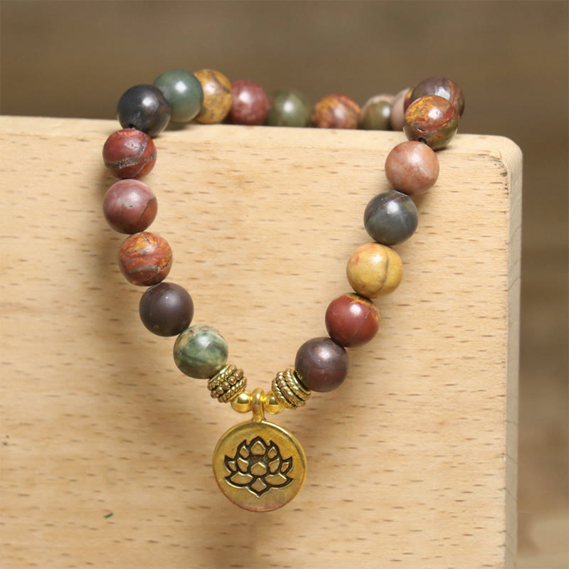 Bracelet anti-stress en Buddha Stones naturelles colorées, motif lotus empereur - image 7