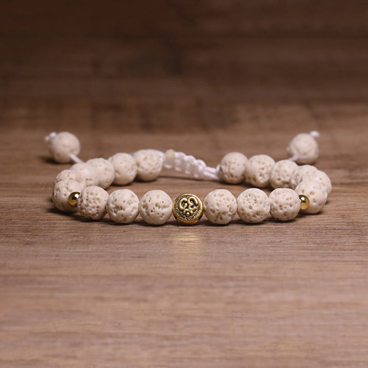 Bracelet de guérison et de calme en Buddha Stones de lave blanche, symbole Om - Pierre de lave blanche (tour de poignet : 15-21 cm) - image 1