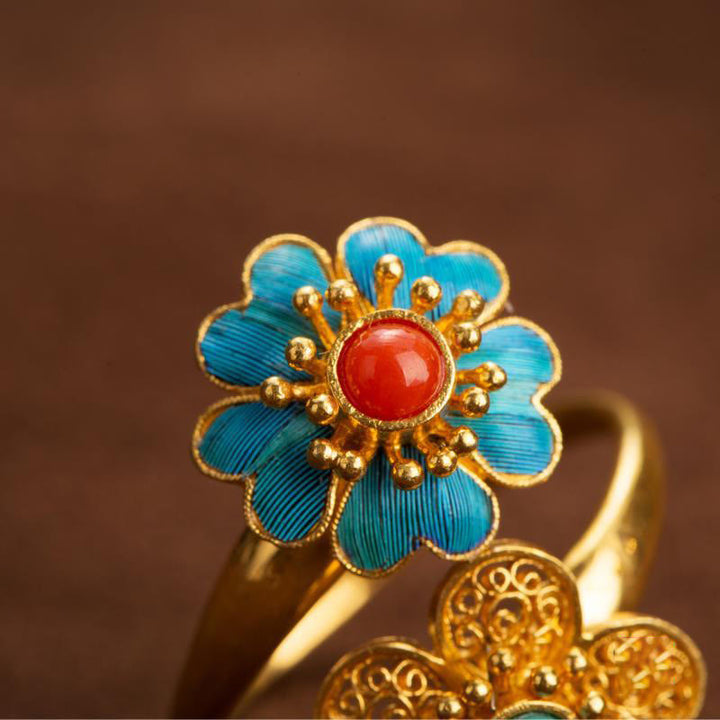 Bague de richesse en cuivre turquoise dégoulinante à double pétales de Buddha Stones - image 5